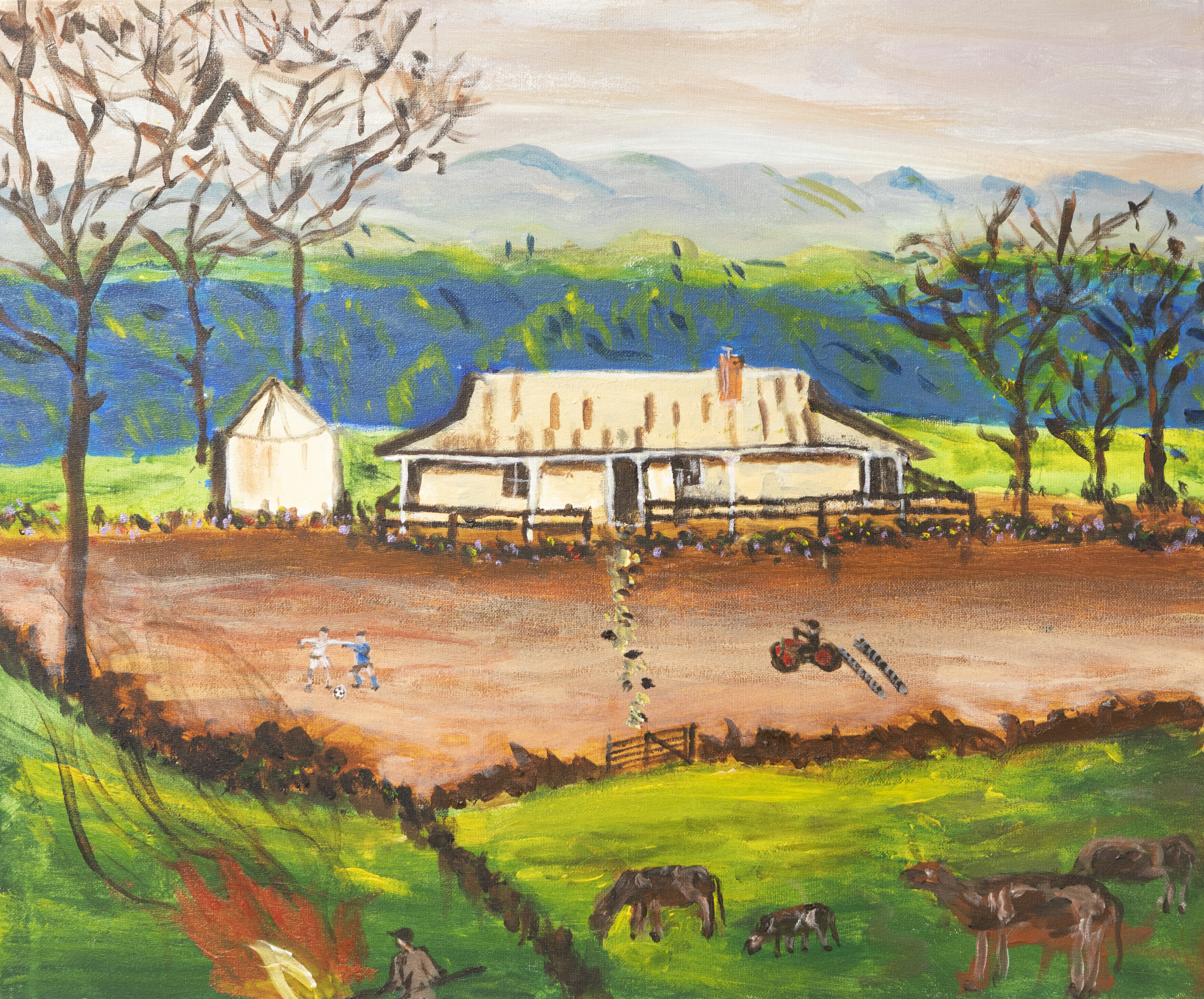 A scene of farm life. At the centre of the painting is a corrugated roof homestead. Behind the house are green pastures and hills in the distance. In front of the house is a rock pathway that leads from the front door across a paddock of brown soil being tilled by a tractor. On the other side of the paddock, two kids are playing soccer. The path continues towards a gate and a grass green paddock where horses and cows graze. In the paddock next door, a man stokes a large bonfire.