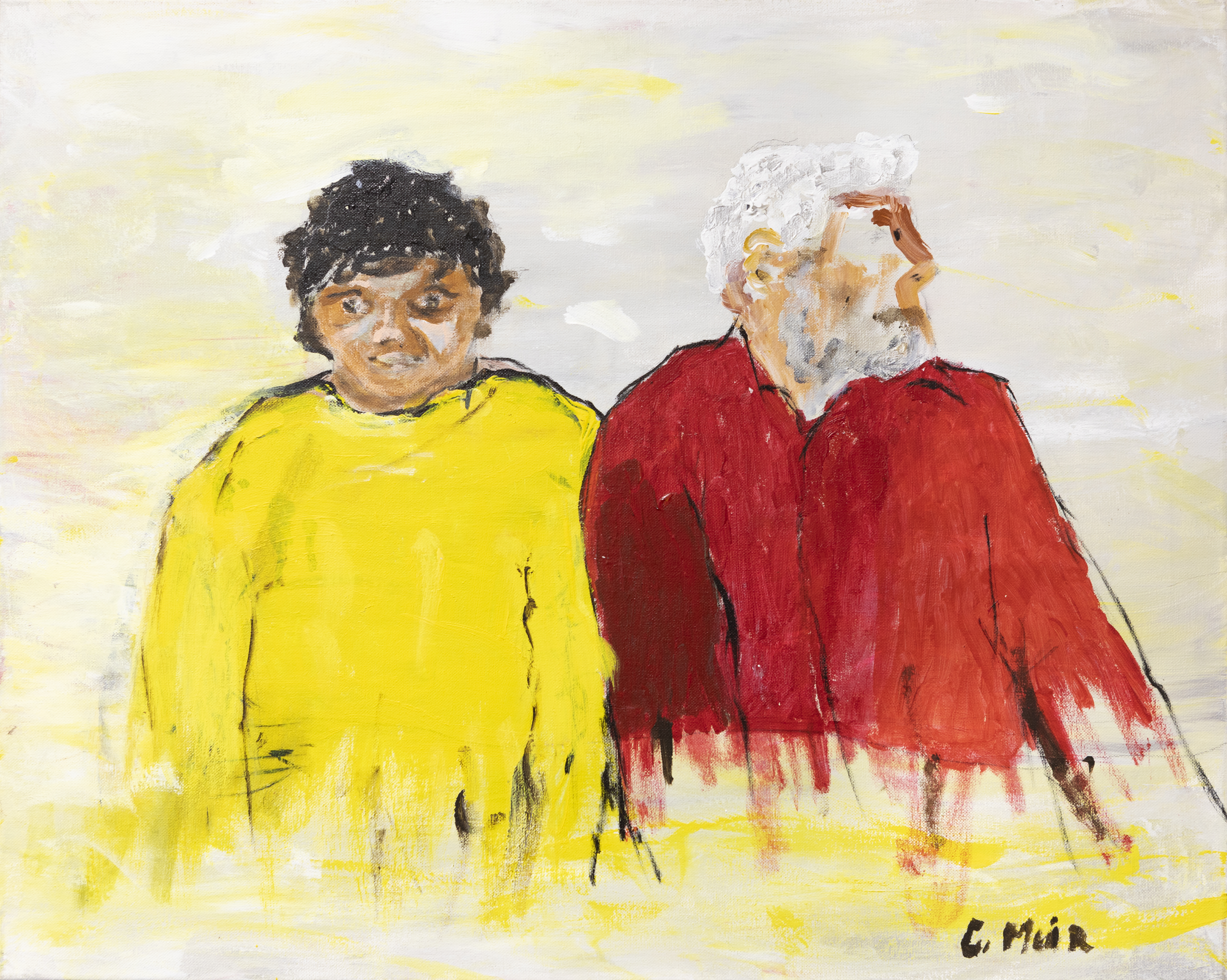 This portrait was painted from a photograph of artist Greg Muir and his Grandpa/Pop. On the left is Greg, in his thirties with a full head of dark curly hair, wearing a bright yellow shirt. On the right is Pop with short white hair and a trimmed grey beard, wearing a bright red shirt.