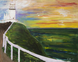 Landscape painting of a lighthouse on a hill, overlooking an orange, red and yellow sunset and dark green and blue ocean.