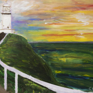 Landscape painting of a lighthouse on a hill, overlooking an orange, red and yellow sunset and dark green and blue ocean.