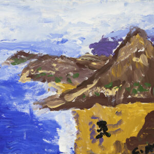A landscape painting of a rugged coastline, battered by deep blue waves. A brown mountain peak reaches up into the blustery brushstrokes of a white sky. There are small dark figures on the yellow sand.