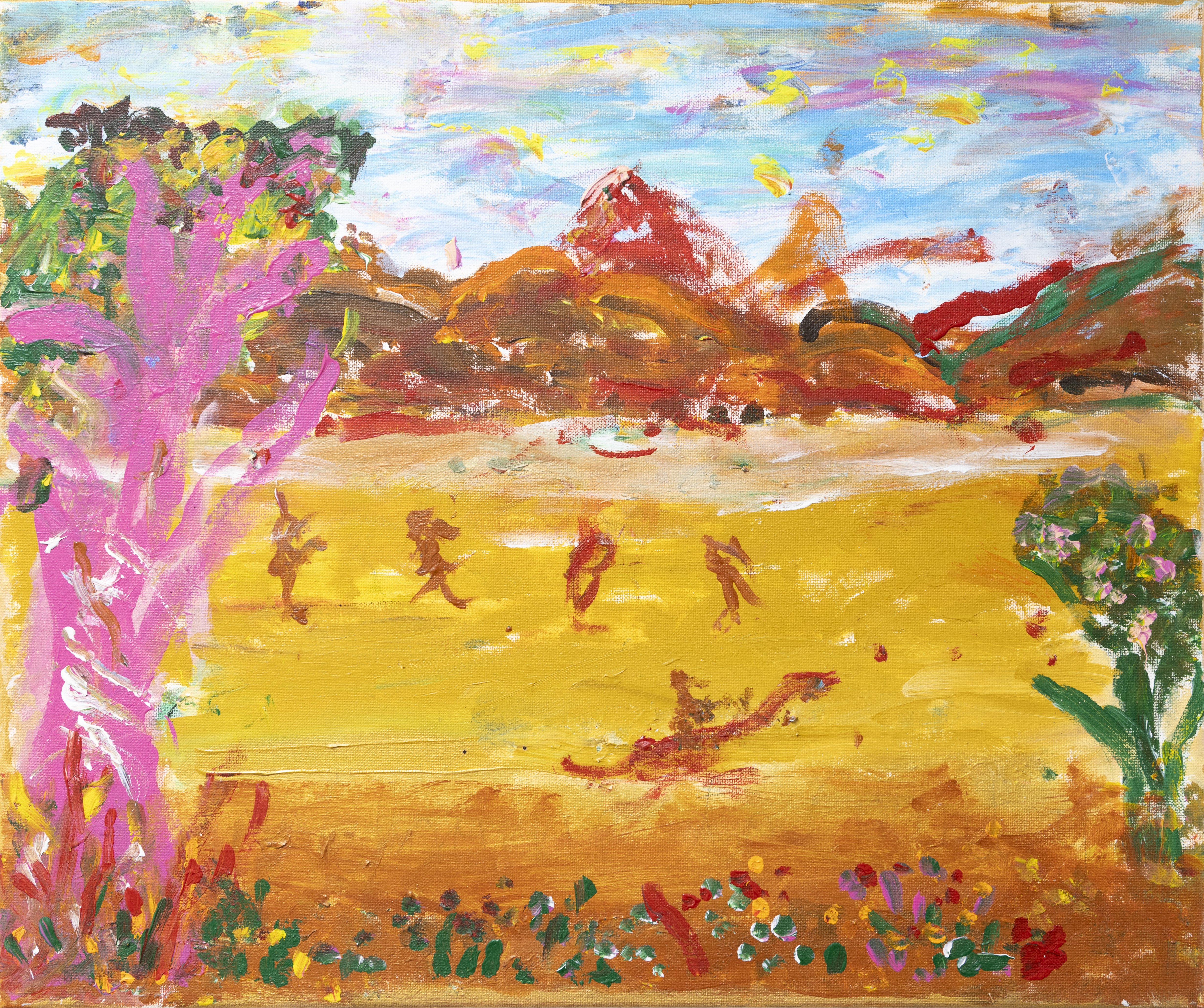 This landscape painting is made up of desert yellows and the red earth of Central and Western Australia. There is a frenzy of activity in this otherwise sparse environment, kangaroos dashing across the plains and cowboys on horseback. In the foreground is the pink and green trunks of trees. In the background, the towering rock formations of sacred places.