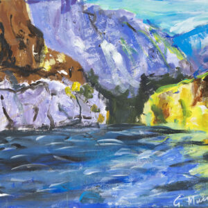 A landscape painting of a deep blue river canyon as the water moves towards a narrowing gap between two rocks, towards the purple mountains in the distance. The blending of colour and brushstrokes in the waters suggests constant movement, constantly changing course.
