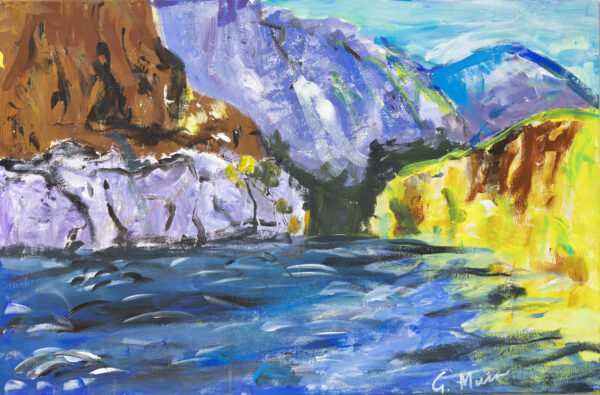A landscape painting of a deep blue river canyon as the water moves towards a narrowing gap between two rocks, towards the purple mountains in the distance. The blending of colour and brushstrokes in the waters suggests constant movement, constantly changing course.