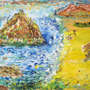 In this landscape painting, the canvas is evenly divided: ocean on the left and land on the right. The water teams with energy. A small island just offshore explodes with a profusion of flowers and the white water of the waves sprays into the air as it hits the shoreline. The land is green, turning yellow as if it is thirsty for rain. A brown mountain stands solid in the background. By the water's edge, a group of people are laying around, perhaps having a picnic or sunbaking or just soaking up this meeting place of water and land.