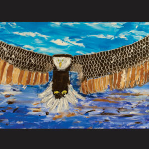 Painting of Bunjil, a wedge-tailed eagle. Bunjil is staring straight on.