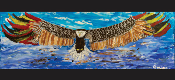 Painting of Bunjil, a wedge-tailed eagle. Bunjil is staring straight on.