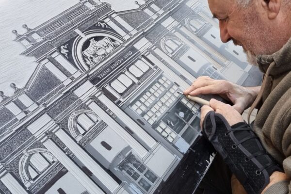 Joe working on his Queen Victoria Market linocut.