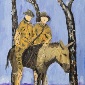 Two servicemen in khaki army uniforms and wide-brimmed hats rest under the bare branches of trees with their donkey. The injured servicemen sits on the donkey's back while Simpson, the medic, stands alongside. The colour palette in this painting consists of sombre purples and exhausted blues. The servicemen's heads are down and their faces are painted without features.