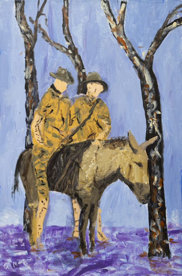 Two servicemen in khaki army uniforms and wide-brimmed hats rest under the bare branches of trees with their donkey. The injured servicemen sits on the donkey's back while Simpson, the medic, stands alongside. The colour palette in this painting consists of sombre purples and exhausted blues. The servicemen's heads are down and their faces are painted without features.