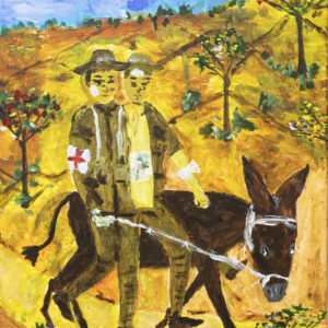 Two servicemen in khaki army uniforms and wide-brimmed hats walk with a brown donkey. The injured serviceman is covered in bandages and is sitting on the donkey's back while Simpson, the medic, walks alongside. Simpson has a white sleeve with a red cross on his arm. He leads the donkey with a white rope through a dry, yellow landscape.