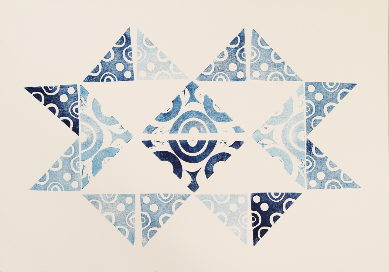 An abstract geometric print in shades of blue