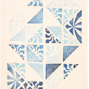 An abstract geometric print in shades of blue