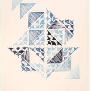 An abstract geometric print in shades of blue
