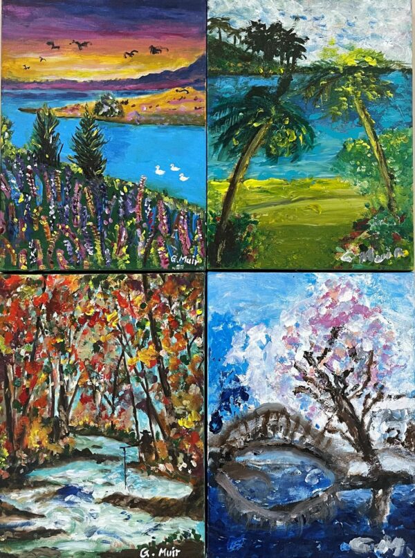 Four panels of expressive paintings showing landscape scenes depicting the four seasons