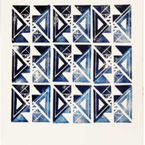 An abstract geometric print in shades of blue