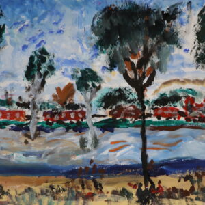 In the foreground of this landscape painting is a waterhole, surrounded by the skinny trunks and bushy tops of eucalyptus trees. Crossing the horizon, steaming along, is the Puffing Billy train engine. Brown smoke billows from its stack into the blue sky as it chugs along, pulling five or six passenger carriages behind it.