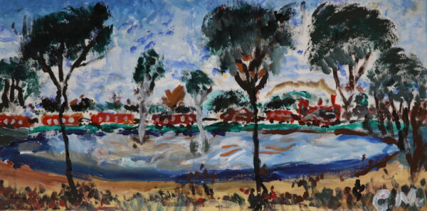 In the foreground of this landscape painting is a waterhole, surrounded by the skinny trunks and bushy tops of eucalyptus trees. Crossing the horizon, steaming along, is the Puffing Billy train engine. Brown smoke billows from its stack into the blue sky as it chugs along, pulling five or six passenger carriages behind it.