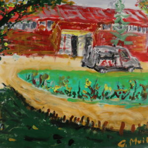 Painting of Mooroopna Hospital, a red, single-storey building. A circular dirt driveway cuts through the grass and leads up to the entrance. Parked in the driveway outside the hospital is an old-style grey ambulance with the back doors opening outwards. The hospital is surrounded by grass and gardens, trees and plants bright with flowers.