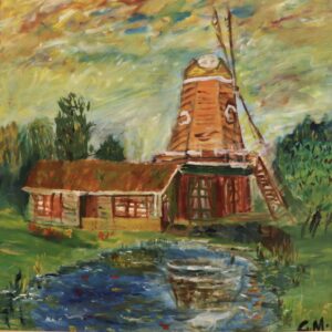 Painting of a wooden windmill, designed in the traditional Dutch style. It is connected to a wooden cabin and surrounded by green countryside. The spire of the windmill is reflected in the water of the pond nearby. The blue sky is tinged with dashes of pink, yellow and white, suggesting that the wind is blowing and the windmill is turning.