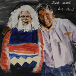 A painting of Uncle Jack and his Dad. Uncle Jack has long white curly hair and a white beard whereas his Dad has cropped dark hair and a shaved face. Uncle Jack wears a loud orange and blue patterned jumper while his Dad wears a plain light purple shirt. His Dad has his arm around Uncle Jack, leaning in and they are both smiling as if laughing together.