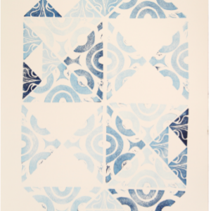 An abstract geometric print in shades of blue