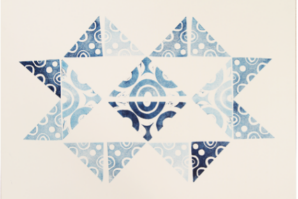 An abstract geometric print in shades of blue