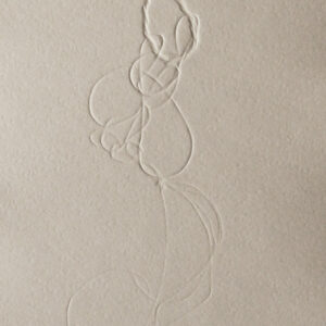 Thick, cream coloured with subtle detailed lines of varying thickness which form abstract looped complex organic forms.