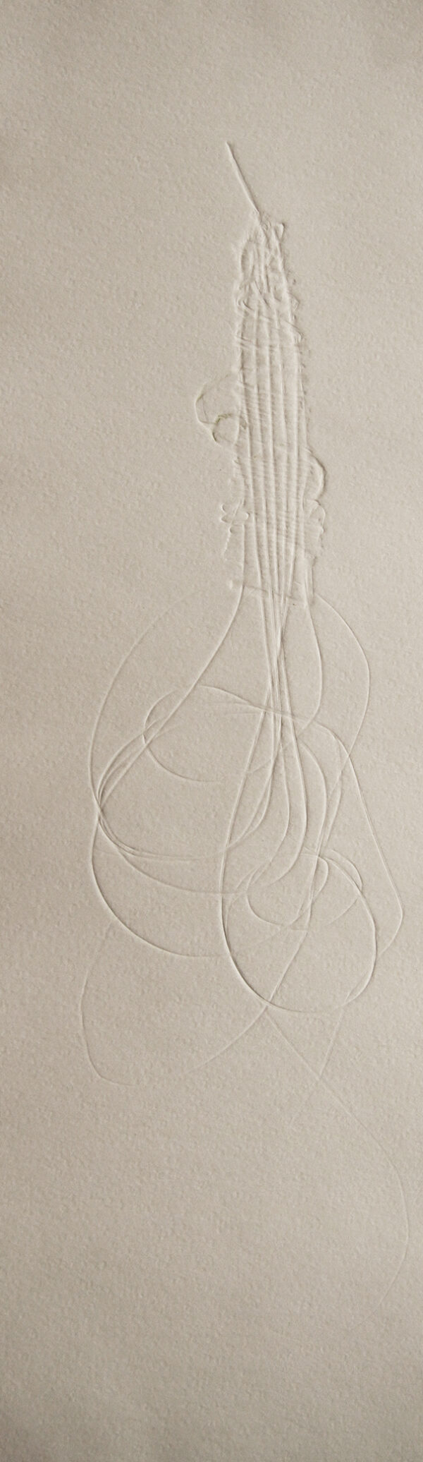 Thick, cream coloured with subtle detailed lines of varying thickness which form abstract looped complex organic forms.