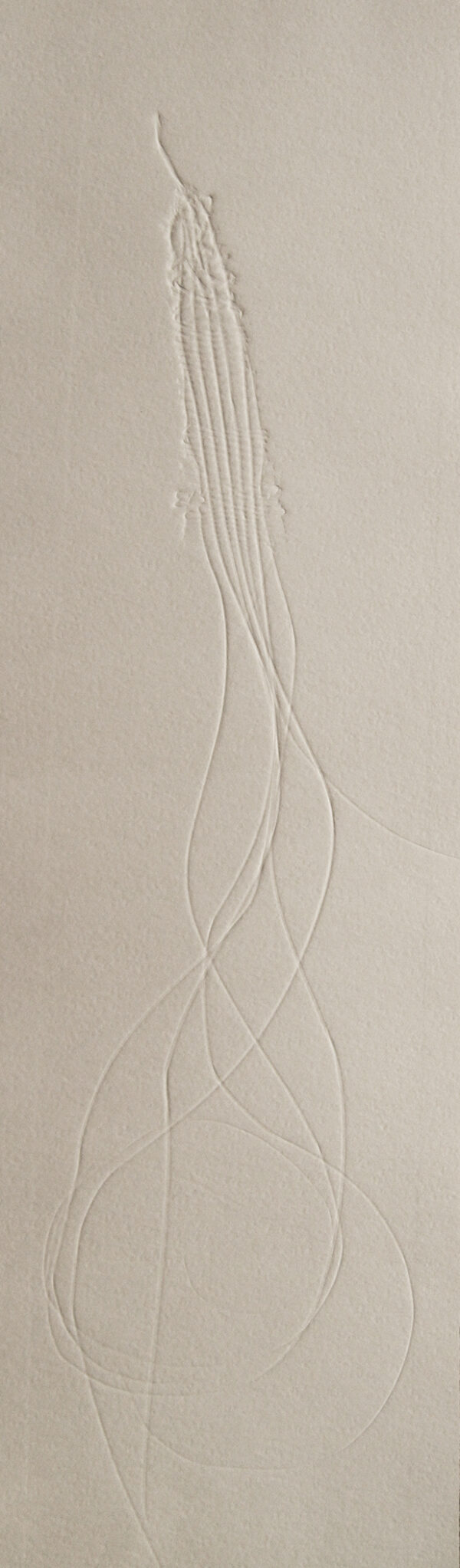 Thick, cream coloured with subtle detailed lines of varying thickness which form abstract looped complex organic forms.