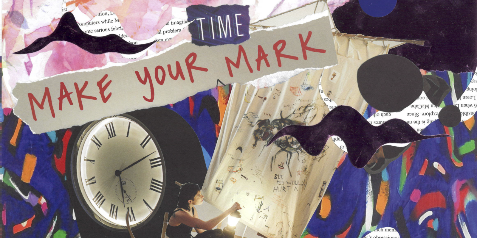 a colourful collage, a person is in a wooden boat holding a lantern. text: Time. Make Your Mark.