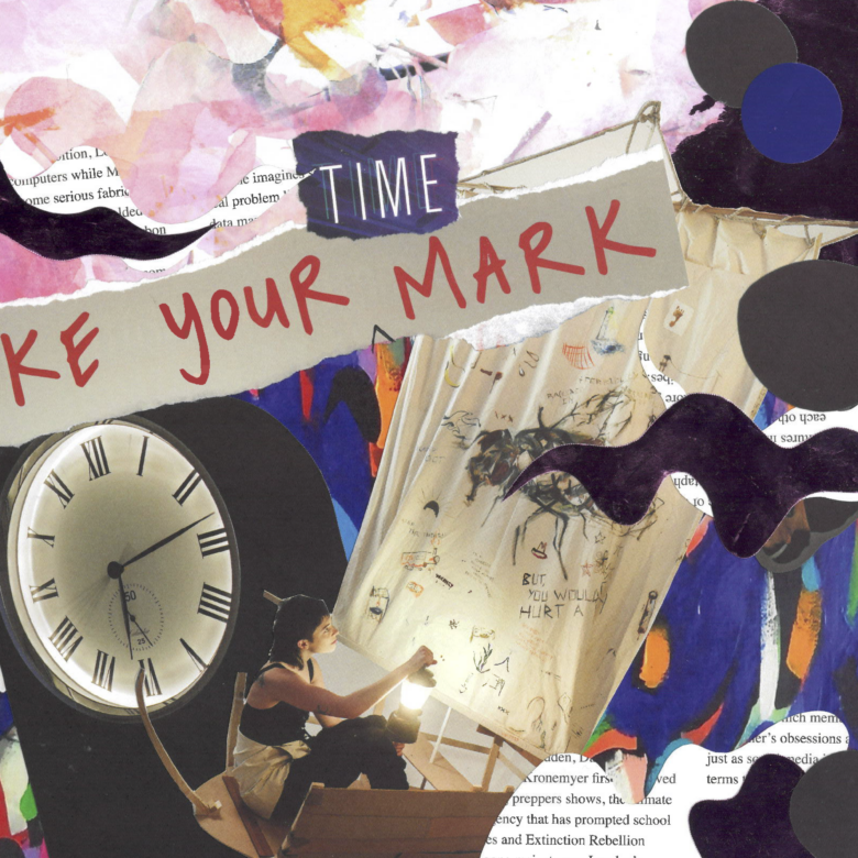 a colourful collage, a person is in a wooden boat holding a lantern. text: Time. Make Your Mark.