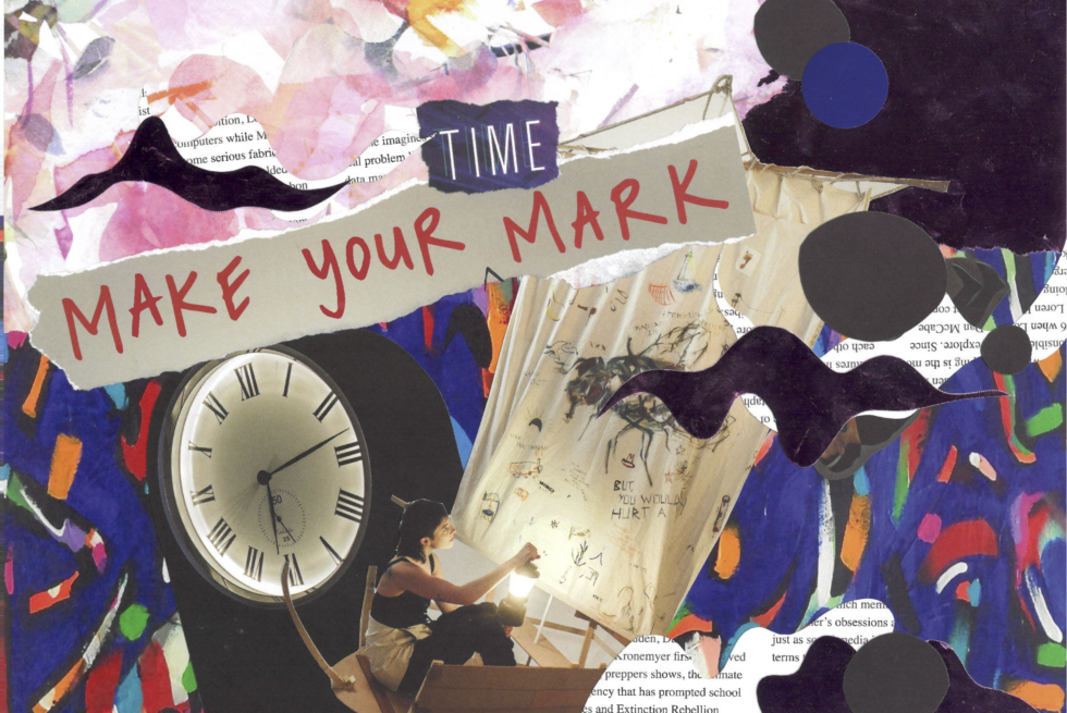 a colourful collage, a person is in a wooden boat holding a lantern. text: Time. Make Your Mark.