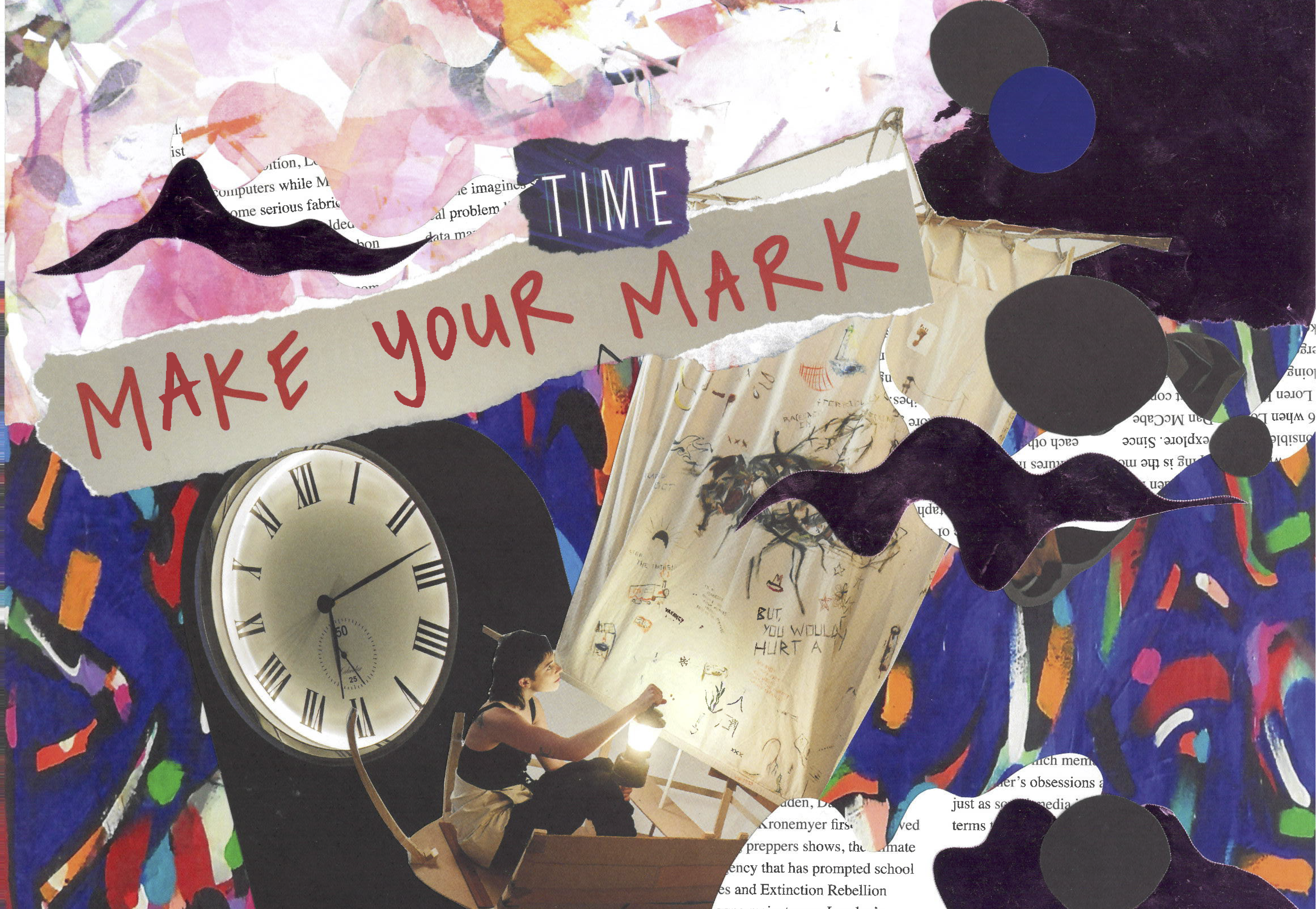 a colourful collage, a person is in a wooden boat holding a lantern. text: Time. Make Your Mark.