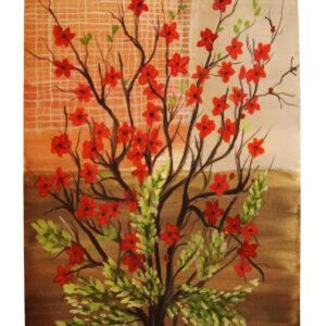 A bush with green foliage and brown branches reaching up to the top of the painting with vibrant red flowers in bloom.