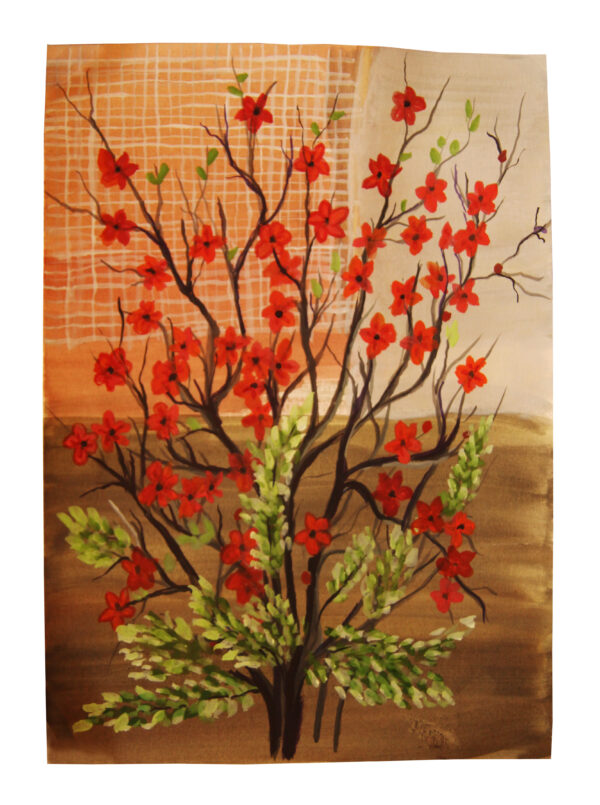 A bush with green foliage and brown branches reaching up to the top of the painting with vibrant red flowers in bloom.
