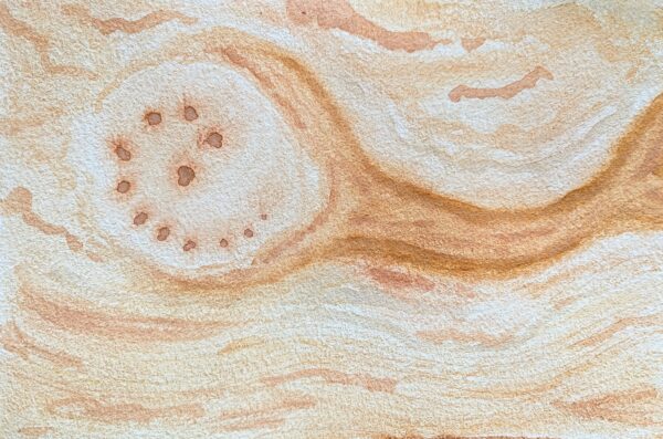 An ochre painting with a horizontal abstract form filling a third of the page. The earthy red form features a spiral of dots and a branch like cradle around it, surrounded by wavy lines.