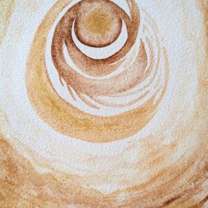 An ochre painting with a large spiral like form at the centre, beneath are curved lines in a circular motion. The spiral form is dirt brown and mustard yellow.