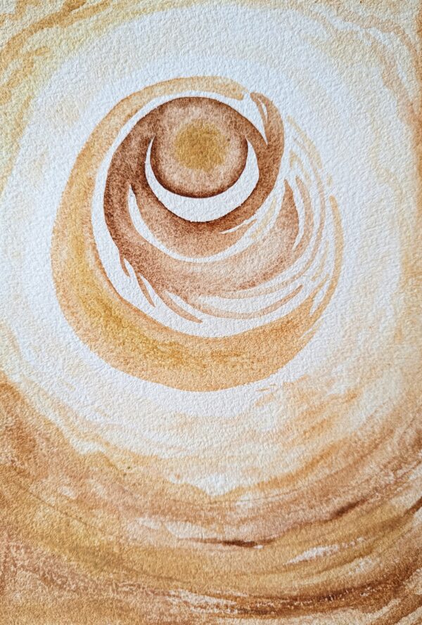 An ochre painting with a large spiral like form at the centre, beneath are curved lines in a circular motion. The spiral form is dirt brown and mustard yellow.