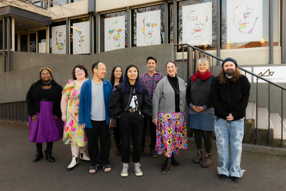 Participants of the Evolving residency standing in front of the AAV offices. Participants are Michael Chan, Ebony Wightman, Rafeif Ismail, Irene Holub, Anna Molnar, Beau Windon, Margot Morales, Jeremy Hawkes, Harmonie Downes.