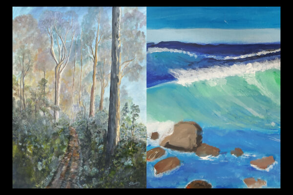 Two paintings side by side. On the left, Misty by Leeann Preddy is a figurative painting of the Australian bush with tall euculyptus trees on either side of an earthy walking trail. The trees are dappled with sunlight. On the right, Wave Crashing onto the Shore by Tony Dowling is an abstract painting of t