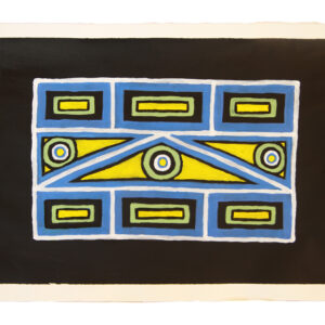 A black background on A2 paper, In the middle is a rectangular blue box divided with white lines into 3 layers of shapes and patterns in green, yellow, white and blue.