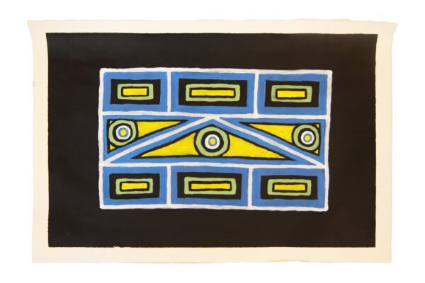 A black background on A2 paper, In the middle is a rectangular blue box divided with white lines into 3 layers of shapes and patterns in green, yellow, white and blue.
