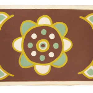A brown background with a circular flower in the middle outlined in golden yellow with mint green and white circles in the flower. On each corner the petals of the flower frame the painting in green, white and yellow.