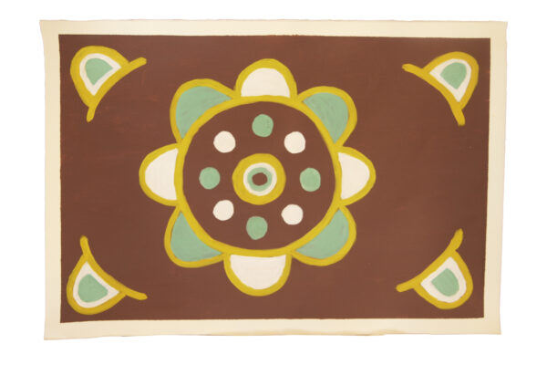 A brown background with a circular flower in the middle outlined in golden yellow with mint green and white circles in the flower. On each corner the petals of the flower frame the painting in green, white and yellow.