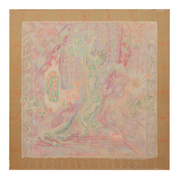 Colour pencil drawing of a lady holding a pot of flowers up to the sky in prayer, a swan at her feet and a crown of seven snakes rises from her head. She is facing a teal sky with bright pink stars where two stags emerge and heads can be seen floating mouth agape.