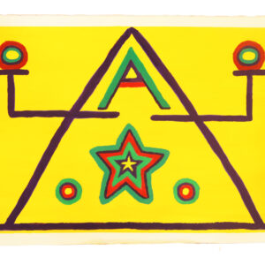 A robotic purple triangle with stick figure hands holding wheels of coloured paint. On the head of the body is a letter A for “Art” and a multicolored star in the middle. The strengthener is a strong triangular robot holding and storing coloured paint to paint.