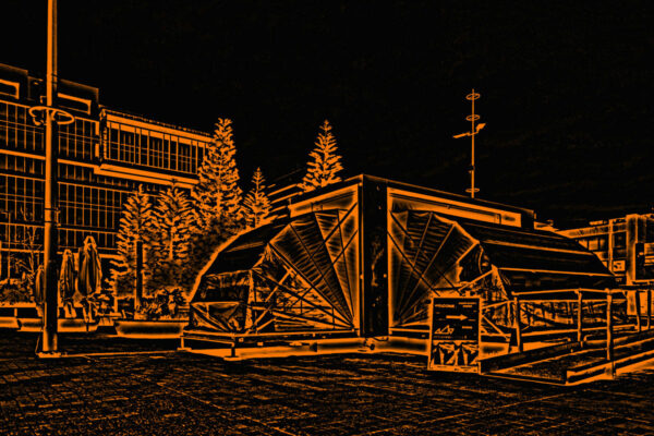 A solarized photograph in sepia tones of AAV’s Nebula mobile art space.