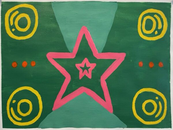 Four yellow circles on each corner with a pink star in the middle on an A2 green background paper