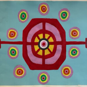 A blue background on A2 paper with an octagon, lines going through the middle with a circle at the end. Around the octagon there are 10 circles of pink, yellow, orange, green and red.